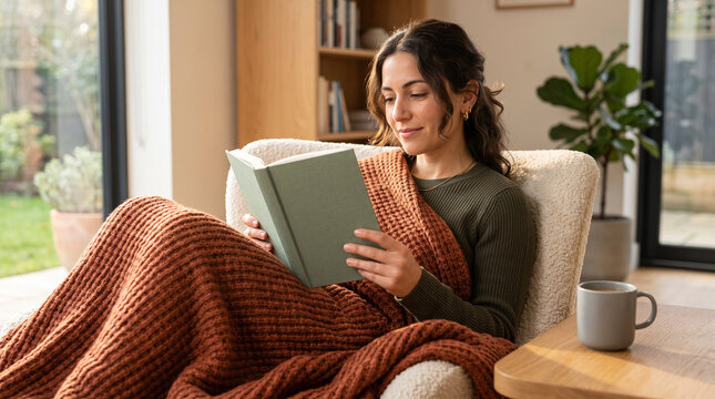 Peaceful young woman wrapped in cozy knit blanket reading book in armchair against bright living room backdrop