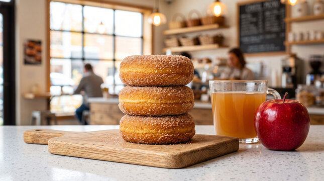 Cozy morning coffeehouse scene showcasing three golden ring pastries on rustic platter paired with hot cider and fresh red apple