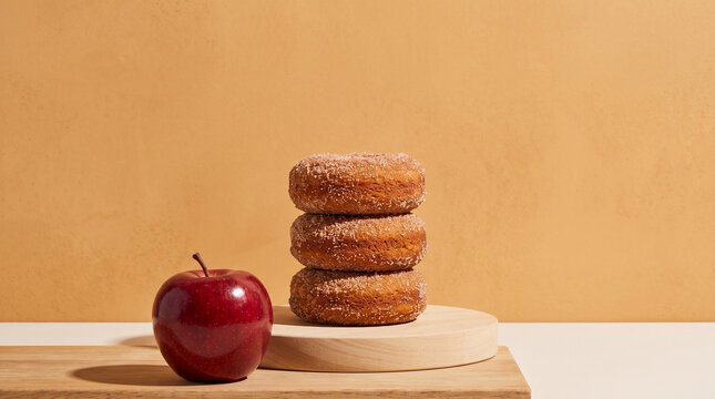 Cinnamon sugar donuts stacked beside fresh red apple on wooden board in warm neutral tones against minimalist backdrop