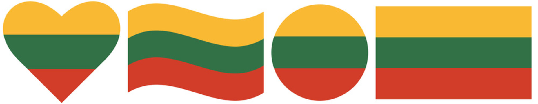 Lithuania flags isolate set. Round flag of of Lithuania isolated in circle. Flag of Lithuania isolated in heart shape. Waving flag of Lithuania isolated.