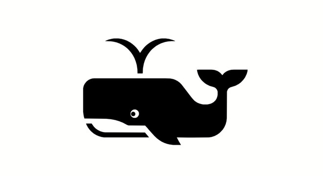 A simple black silhouette icon of a whale with a water spout on white background with minimalist black graphic