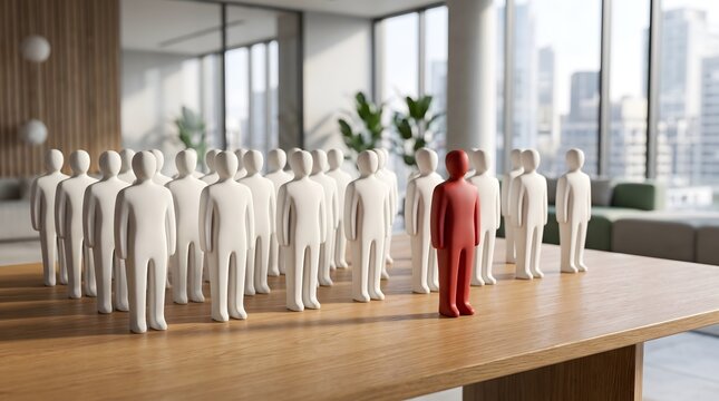 Maverick leadership independent thinking concept with red figure separating from white crowd on wooden executive desk