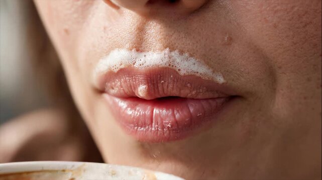 Close-up of a person sipping foamy cappuccino and getting a milk mustache on the upper lip.