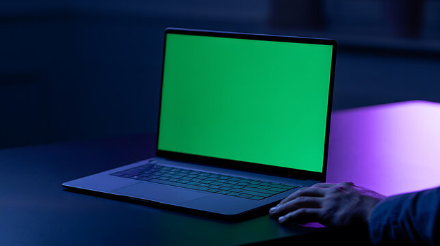 Modern laptop computer with bright green screen display on dark desk surface in room with neon purple light for chroma key keying design