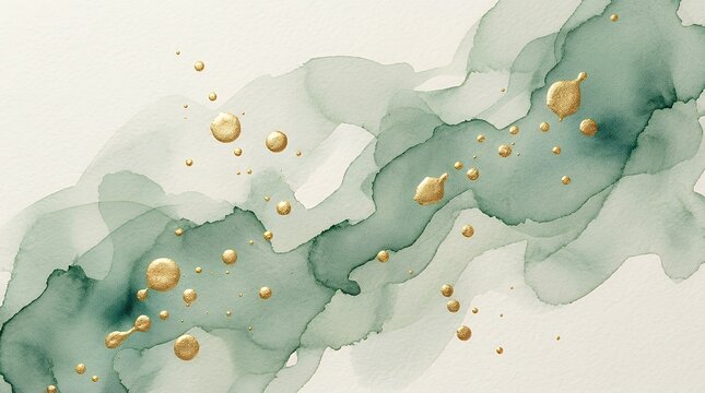 Watercolor texture with artistic green fluid strokes and luminous gold paint drops. Contemporary watercolor backdrop or sophisticated paper template for celebration announcement or event program or