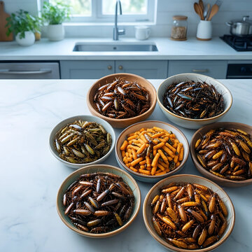 Edible insects and alternative protein sources, various bowls of fried crickets and mealworms on a kitchen counter for sustainable food