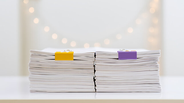 A neat stack of white paper documents secured with colorful binder clips on a clean office desk with soft background bokeh illumination now