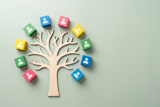 Wooden Tree with Colorful People Blocks Concept for Human Resources, Teamwork, and Organizational Structure