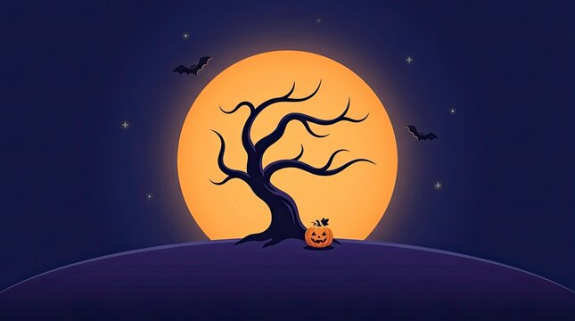 A spooky halloween night scene with a silhouetted tree against a large glowing orange moon and a dark mysterious sky