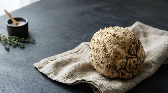 Uncooked unpeeled celeriac placed on a deep charcoal backdrop accompanied by a textured fabric runner minimalist gastronomy photography featuring ample copy space and nutritious lifestyle themes