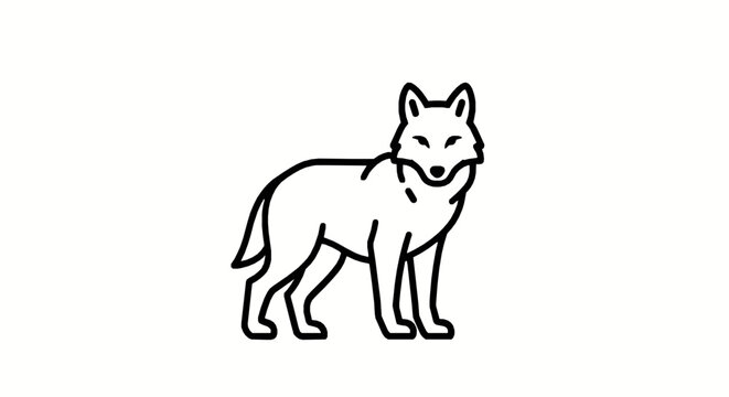 Simple line art illustration of a wolf standing on white background with black outline drawing standing isolated