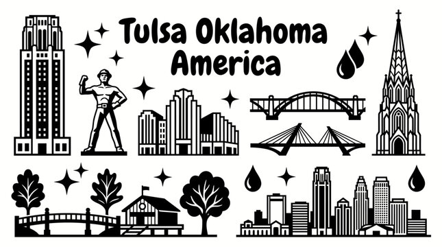 Tulsa Oklahoma America landmarks featuring BOK Tower Golden Driller Gathering Place Boston Avenue Methodist Church Art Deco buildings Arkansas River bridges downtown skyline and civic architecture