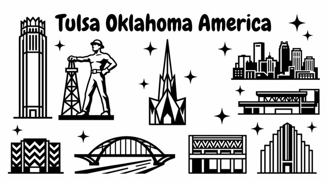 Tulsa Oklahoma America landmarks featuring BOK Tower Golden Driller Gathering Place Boston Avenue Methodist Church Art Deco buildings Arkansas River bridges downtown skyline and civic architecture
