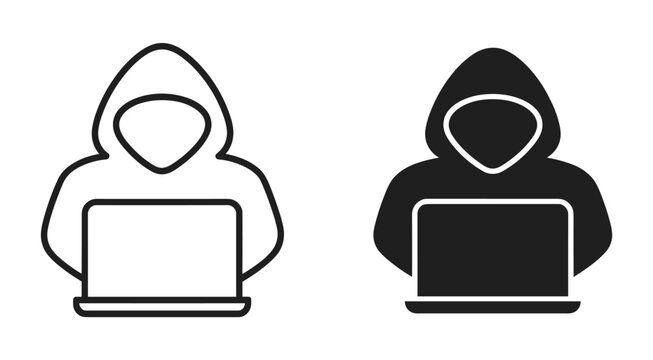 Cyber Threat Iconography: Two stylized representations of a hacker figure using a laptop, one in black and white outline and the other as a solid black silhouette, symbolizing digital security risks.