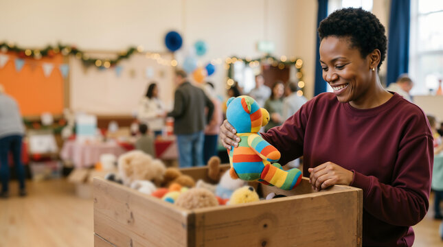 Smiling Black woman placing a colorful teddy bear into a donation box. Community toy drive and volunteer charity event concept. Happy volunteer giving back during holidays