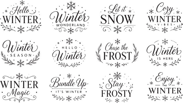 Winter Holiday Greeting Calligraphy Phrases Set with Seasonal Illustrations
