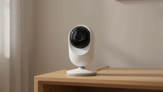 A white home security camera with a black lens sits on a wooden table in a room with a light wall and curtain.