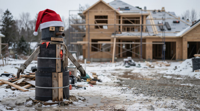 Handmade snowman made of construction materials wearing Santa hat on building site. Winter holiday concept at residential house construction