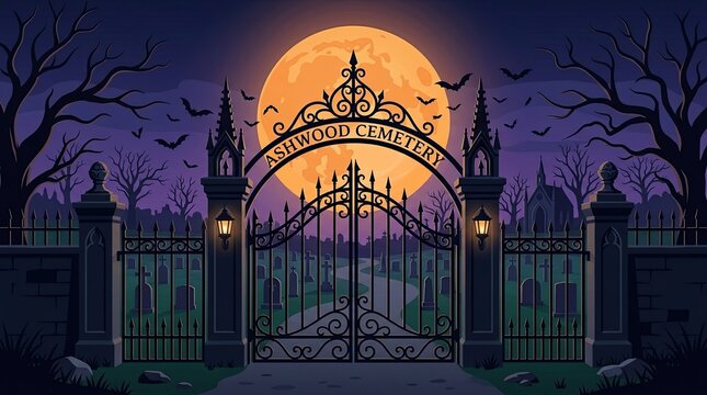 A spooky full moon illuminates an ornate iron gate at this eerie cemetery and graveyard scene during the night time