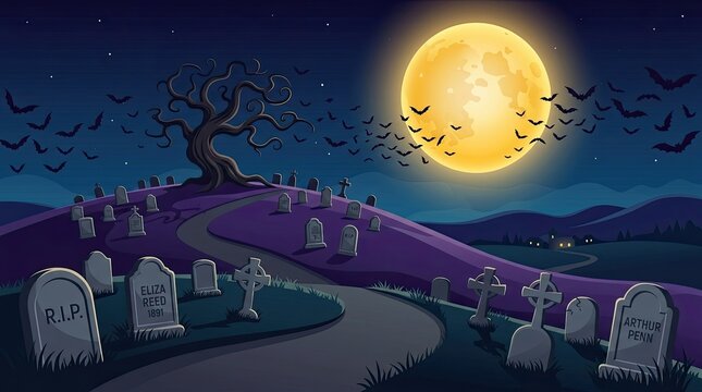 A spooky cartoon illustration of a cemetery and graveyard scene featuring a glowing full moon and flying bats at night