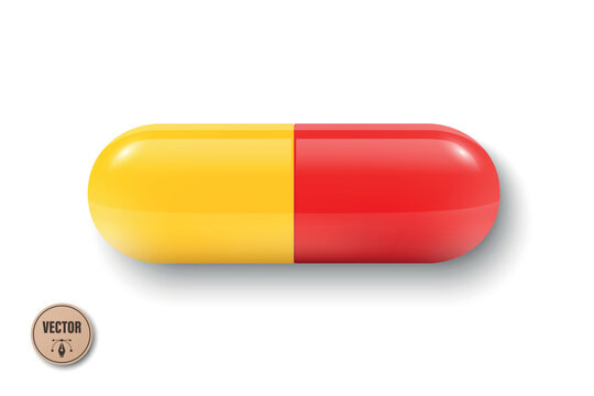 Red and Yellow Capsule Pill, Realistic 3d Vector Medicine Capsule Pill Isolated on White Background. Pharmaceutical Drug Capsule Pill, Pharmacy Medication and Healthcare Medical Vector Illustration