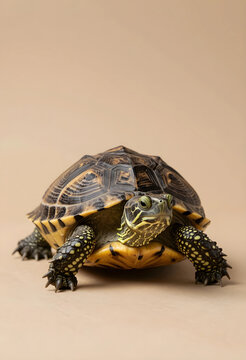 Longevity and slow living concept, freshwater turtle with patterned shell on a plain background, wildlife and nature