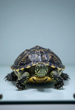 Longevity and resilience concept, freshwater turtle with patterned shell and spotted skin, pet reptile on a light background