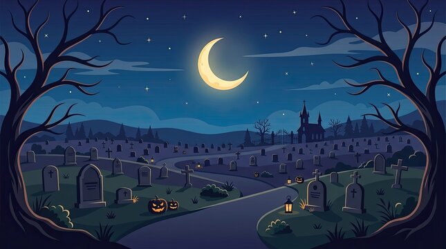 A spooky night time illustration featuring a dark cemetery and graveyard scene under a bright crescent moon with bare trees