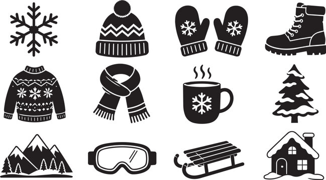 Winter Season Icons Set with Snowflake Sweater Hat and Sled