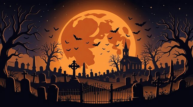A spooky halloween cemetery and graveyard scene featuring a giant glowing orange full moon with flying bats at night
