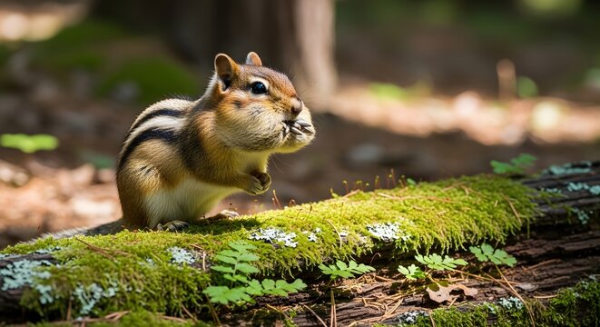 Eastern chipmunk with full cheeks sitting on a mossy log in a forest