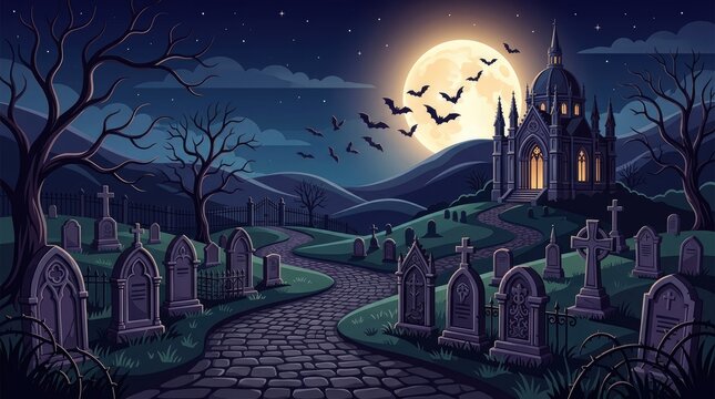 A spooky illustration of a dark cemetery and graveyard scene featuring a full moon and a haunted gothic castle