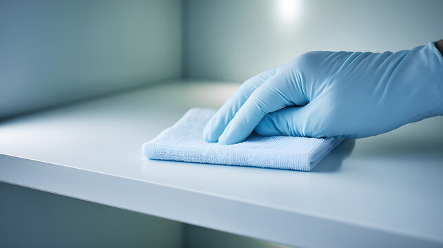 Gloved hand cleaning a white shelf with a blue microfiber cloth in a bright indoor setting