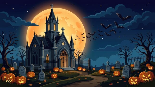 A spooky halloween illustration featuring a haunted church in a dark cemetery and graveyard scene under a full moon