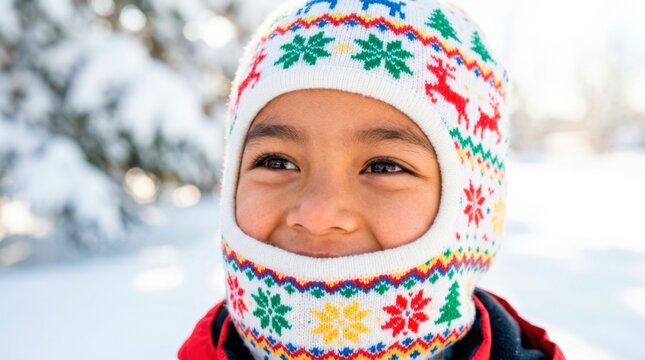 A happy family enjoys active winter holidays. Close portrait of a smiling child wearing a warm patterned balaclava.