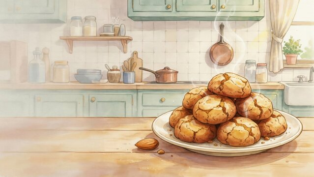 A national dish of Italian cuisine. 
Amaretti is a round cookie made from ground almonds, with characteristic cracks in the sugar crust and a slight bitterness in the taste. Photo with space for text.