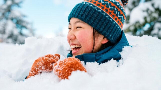 A happy family enjoys active winter holidays. A laughing teenager lies partially buried in a deep snowdrift.