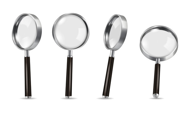 Four magnifying glasses on dark surfaces for investigation on transparent background