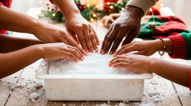 A happy family enjoys active winter holidays. Multiple hands press fresh snow into a rectangular plastic mold to build a fort.