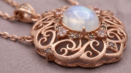 Naklejka premium Elegant Rose Gold Filigree Pendant Necklace Featuring a Glowing Moonstone and Small Diamonds