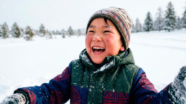 A happy family enjoys active winter holidays. A young boy wearing a warm hat laughs out loud while enjoying a snowy winter day.