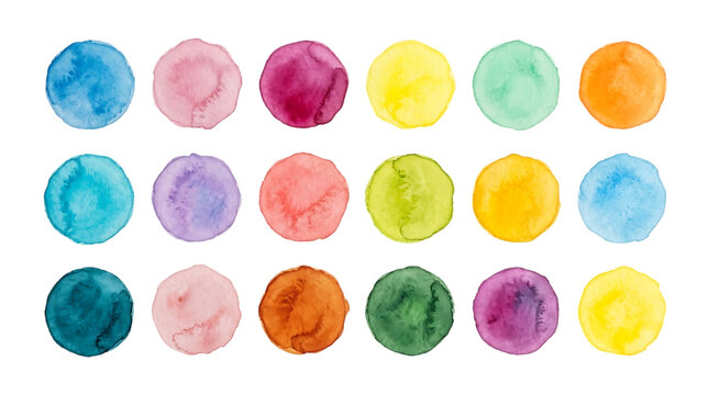 Set of eighteen colorful watercolor circles, paint swatches, vibrant artistic dots, isolated on a white background, color palette isolated on a transparent background