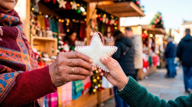 A happy family is having a great time at the festive Christmas market. An older woman and a child are holding a beautiful white star ornament.