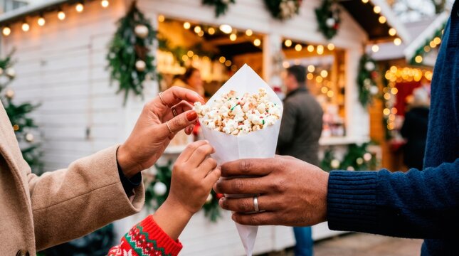 A happy family is having a great time at the festive Christmas market. People are sharing a delicious paper cone filled with sweet roasted popcorn.