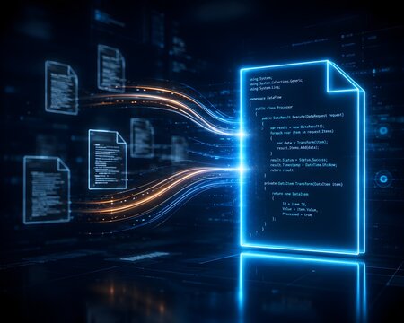 Advanced programming concept visualizing data processing and digital document transformation with glowing code.