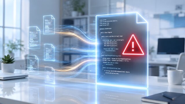 Digital document processing failure depicted by a red glowing warning alert symbol interrupting data file streams on a futuristic screen in a bright modern corporate office setting.