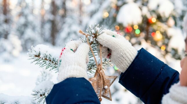 A happy family enjoys spending time outdoors in winter. Gloved hands carefully hang a rustic wooden star ornament onto a snowy pine branch.