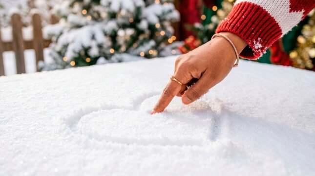 A happy family enjoys spending time outdoors in winter. A womans hand gently traces a lovely heart shape into a fresh layer of white snow.