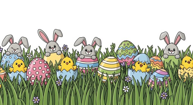 Easter bunnies and chicks with colorful decorated eggs in green grass border illustration