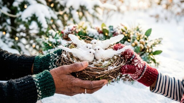 A happy family enjoys spending time outdoors in winter. A grandmother and her grandchild gently hold a small nest decorated with winter frost.